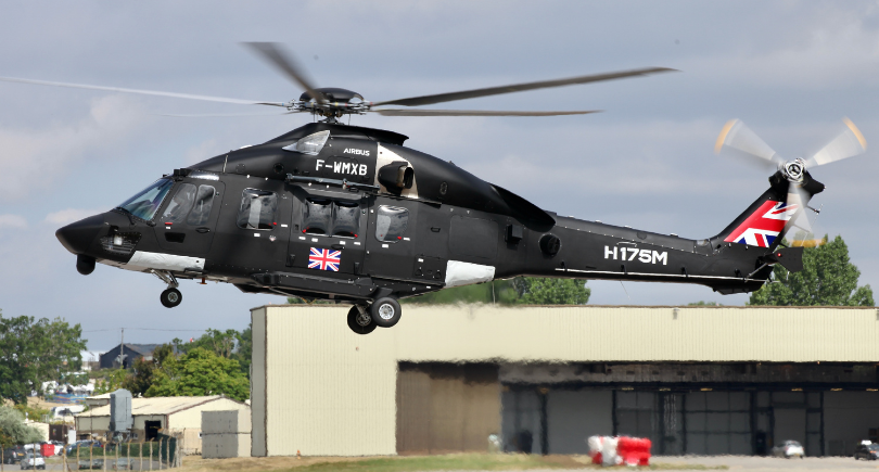 Airbus H175 landing near a base.