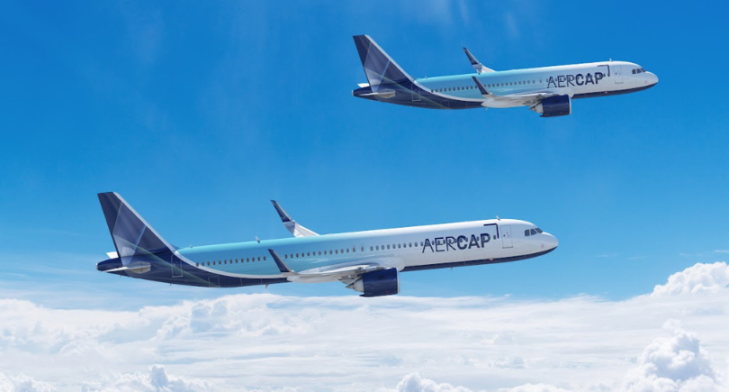 AerCap-branded Airbus A320neo family aircraft flying above clouds, showcasing modern fuel-efficient narrowbody jets.