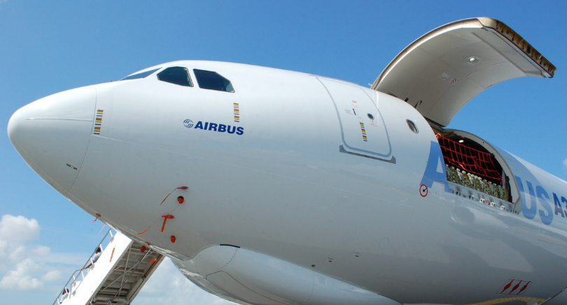 Nose section of an Airbus A330 freighter with cargo door open, highlighting the aircraft used in A330-300 P2F conversions.