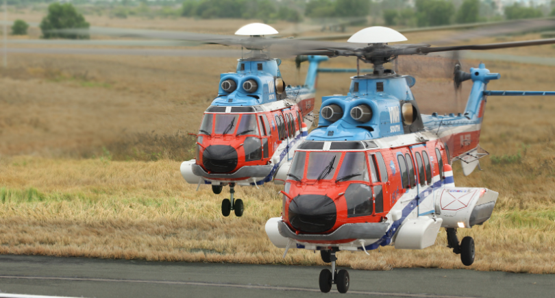 A fleet of Airbus H225 helicopters in action.