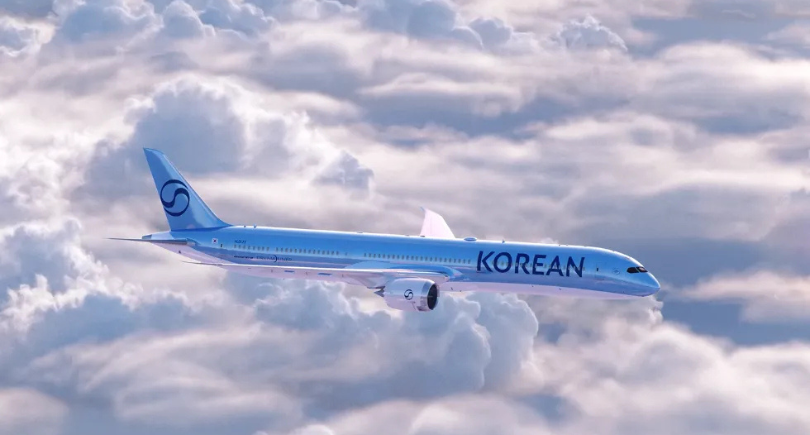 Korean Air aircraft galloping over the clouds.