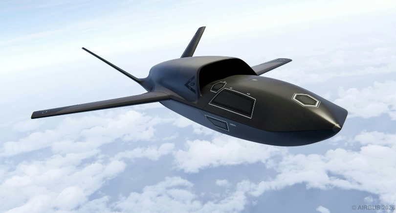 Airbus U760 Ravenstorm uncrewed combat aircraft flies above clouds, showcasing next-generation autonomous defence capability.