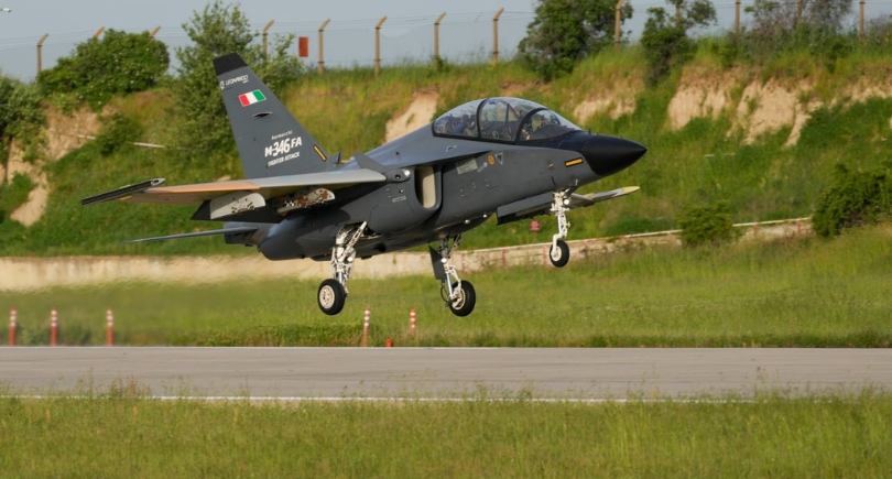 Leonardo M-346 Fighter Attack aircraft takes off during K-SWARM crewed-uncrewed teaming flight tests.