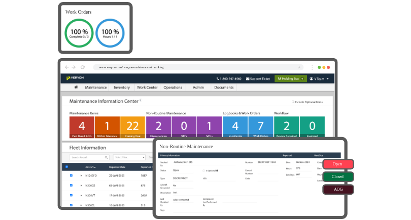 Digital aviation maintenance dashboard showing aircraft work orders, maintenance tracking, and operational workflows.