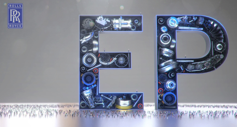 Rolls-Royce EP graphic featuring engine components inside the letters EP, highlighting Trent XWB-84 performance upgrades.