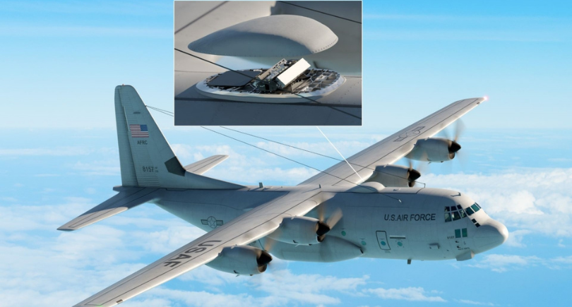C-130 aircraft equipped with a satellite communications antenna system for real-time weather and mission data transmission.