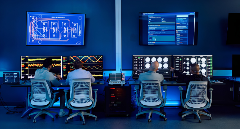 Collins Aerospace engineers conduct hybrid-electric aircraft powertrain testing at The Grid electric power systems laboratory in Rockford, Illinois.