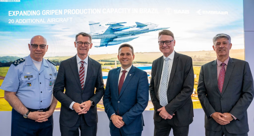 Saab, Embraer and Brazilian officials announce expanded Gripen production agreement.