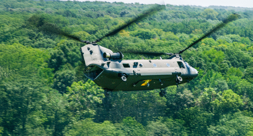 German CH-47F Chinook helicopter in flight supporting future defence operations.