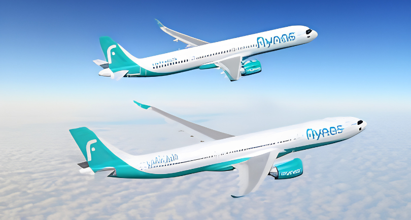 A flynas Airbus A321neo and A330neo aircraft following the airline's order for 25 additional Airbus jets at the Farnborough International Airshow.