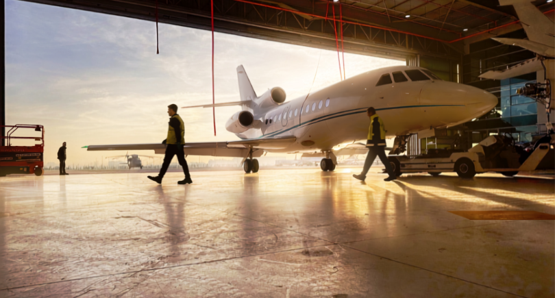 AMAC Aerospace Turkey technicians perform C-check maintenance on a Dassault Falcon business jet in Istanbul.