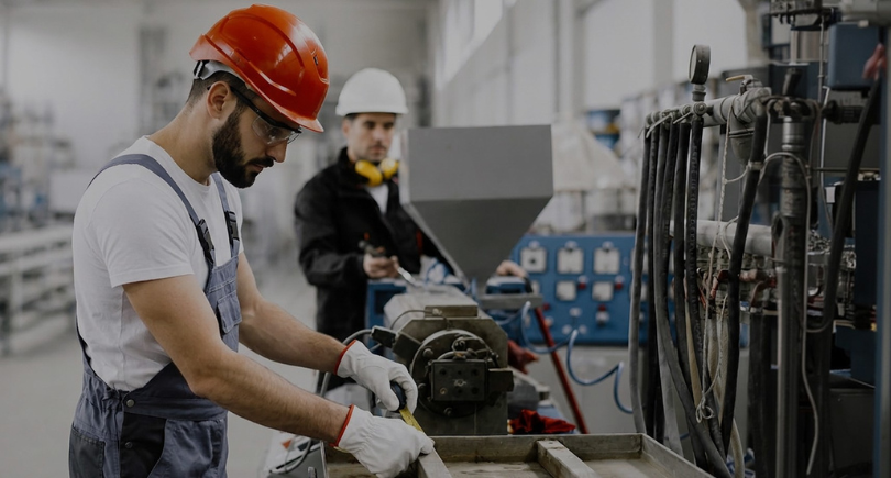 Aerospace manufacturing workers operating precision machining equipment.