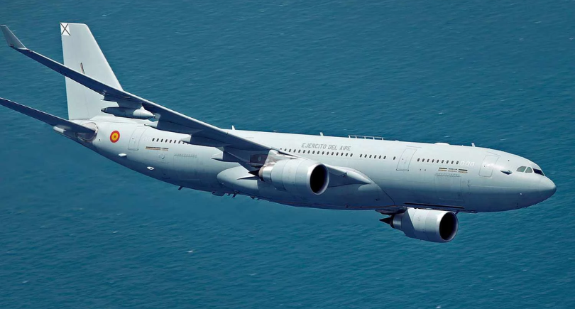 Spanish Air Force Airbus A330 MRTT flying over the sea.