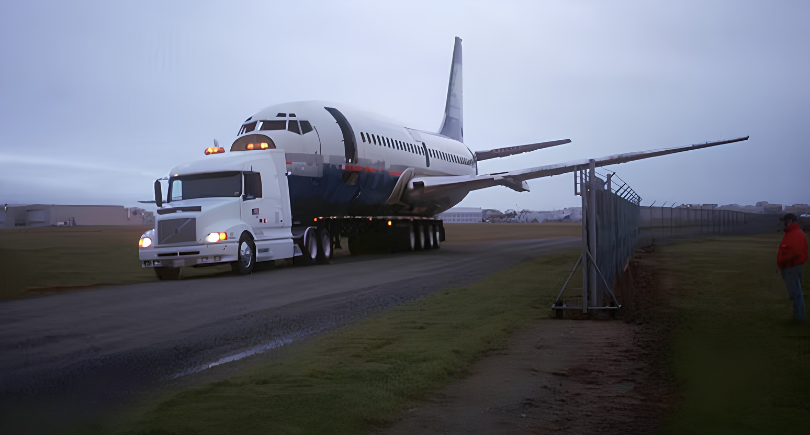 Retired Boeing 737 transported by truck for its final journey.