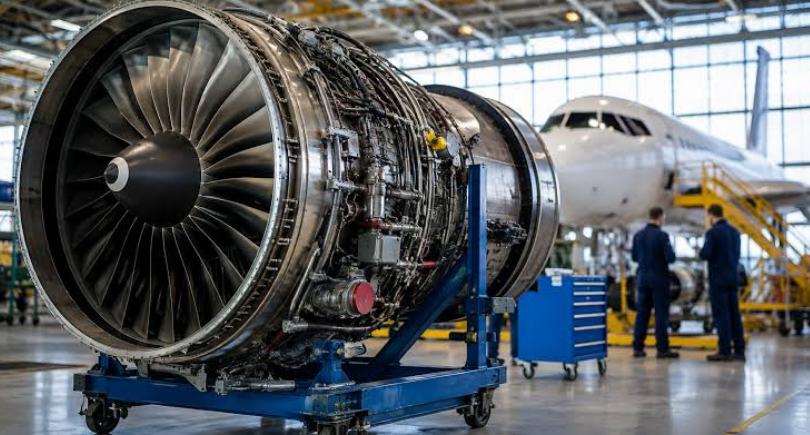 Aircraft engine on a maintenance stand inside an MRO facility.
