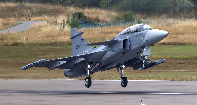 Saab Gripen F two-seat fighter during flight testing in Sweden