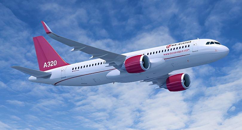 Airbus A320neo aircraft flying against a blue sky.
