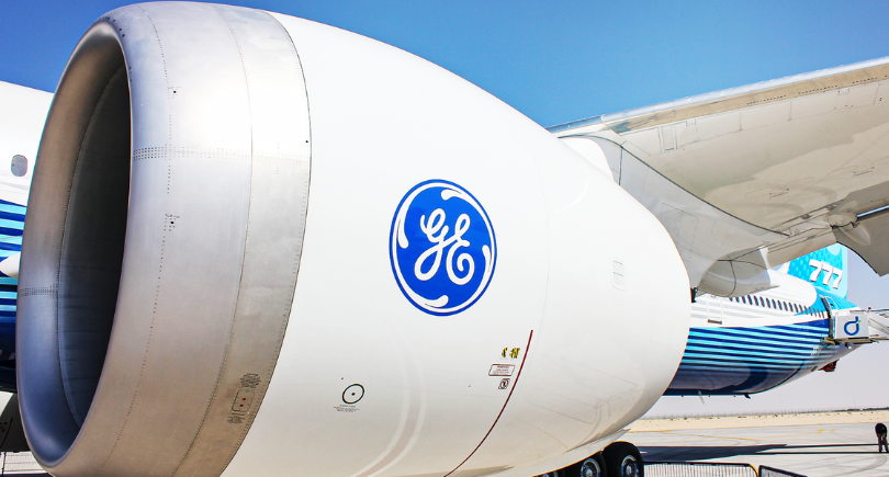 GE9X engine nacelle showing the large front fan and GE logo
