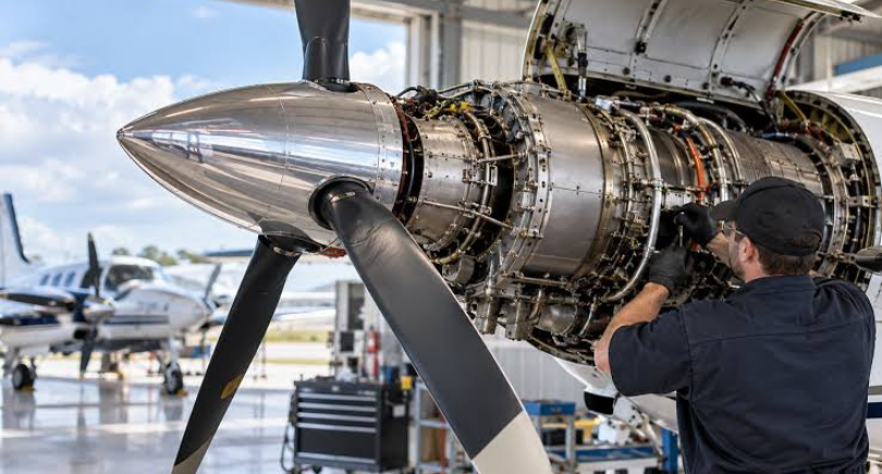 Aircraft engine undergoing maintenance at an aviation MRO facility