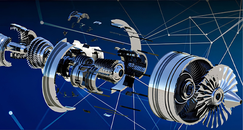 Aircraft engine components displayed in an exploded view