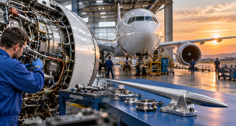 Aerospace technician works on aircraft engine during MRO operations