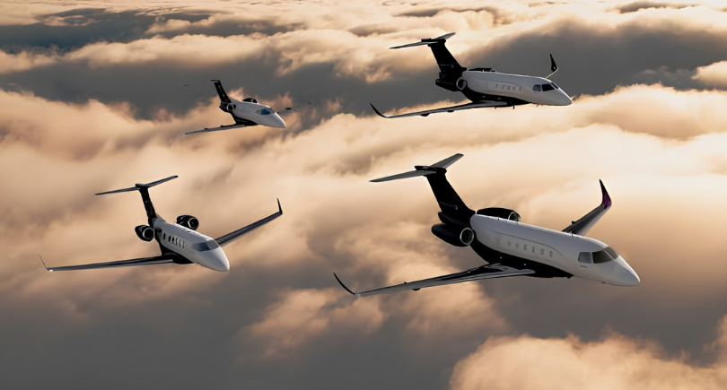 Embraer business jets flying above clouds
