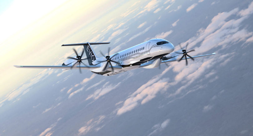 EVIO hybrid-electric regional aircraft flying above the clouds