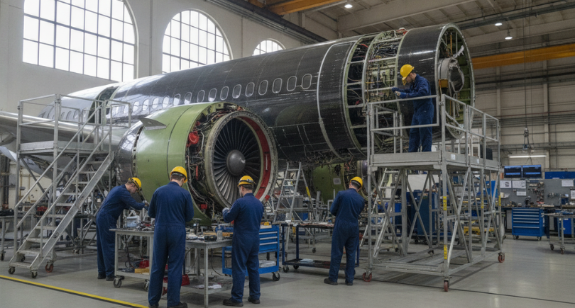 Aircraft undergoing structural repair in an MRO facility