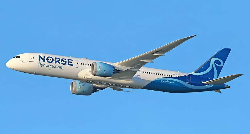 Norse Atlantic Airways Boeing 787-9 aircraft flying against a blue sky