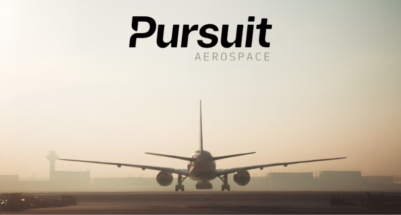 Pursuit Aerospace logo above a passenger aircraft on an airport runway at sunset.