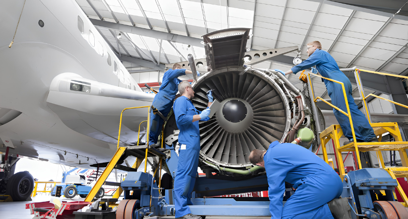 Aircraft maintenance technicians inspect a jet engine inside an aircraft hangar.
