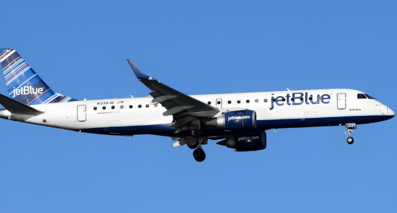 JetBlue passenger aircraft in flight against a clear blue sky during operations.