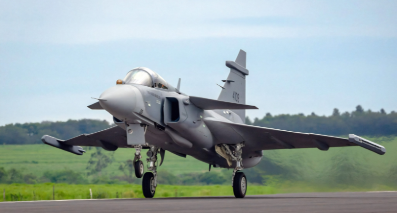First Brazil-built Embraer Gripen E fighter during its maiden flight