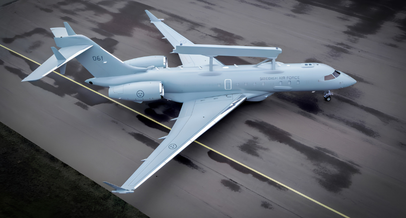 Saab GlobalEye airborne early warning and control aircraft presented for Sweden, featuring integrated surveillance sensors and mission systems ahead of testing